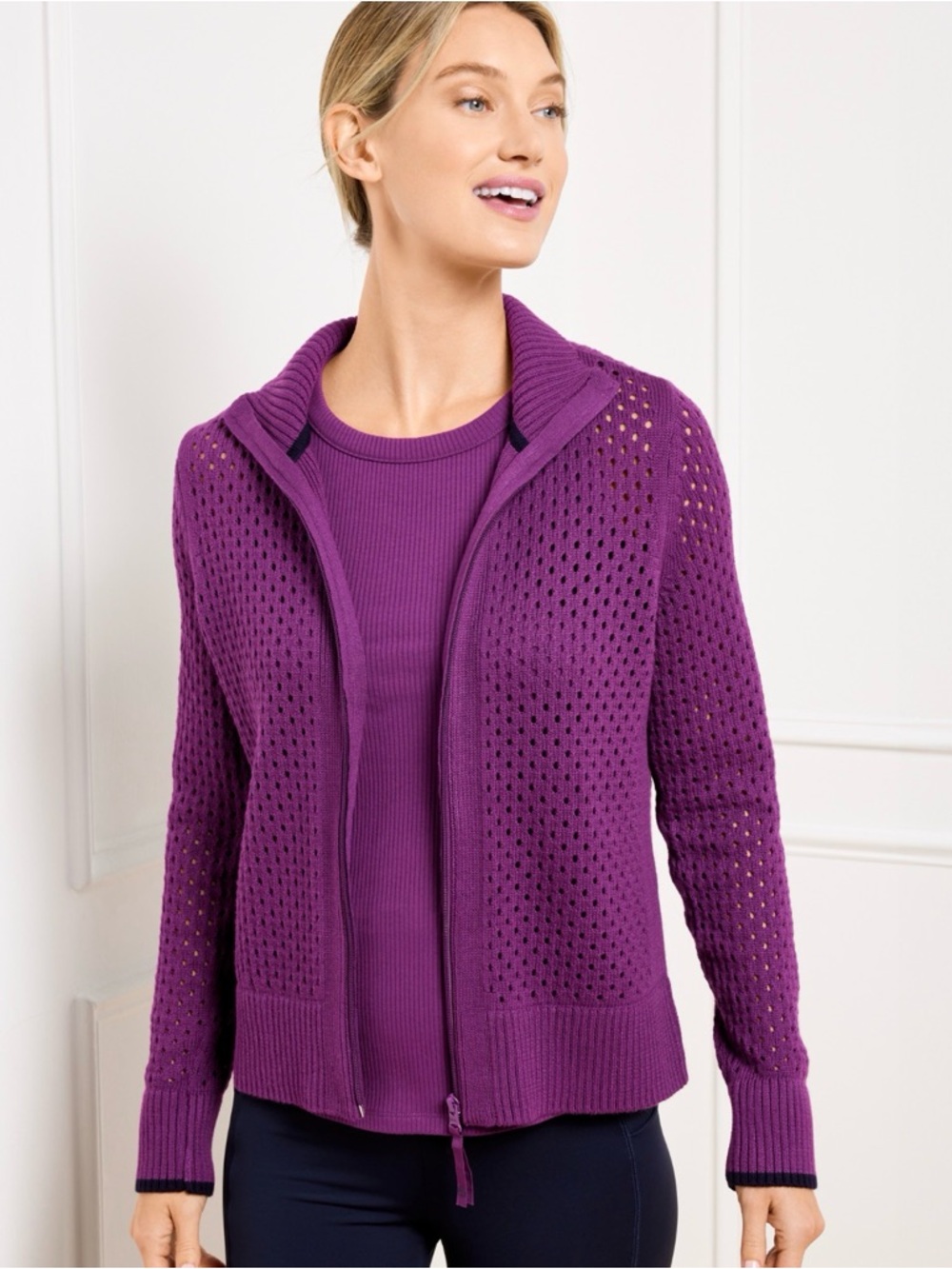 NWT Talbots zip up cool max crochet cardigan sweater purple mulberry L Petite